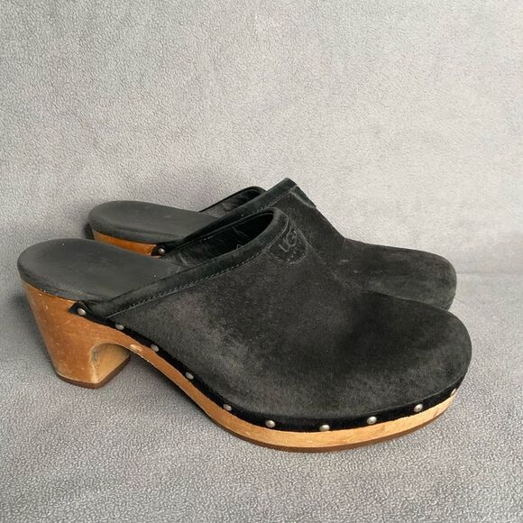 UGG Australia Womens Black Suede Leather Abbie Studded Wooden Clog Mules Size 7 - Picture 12 of 12